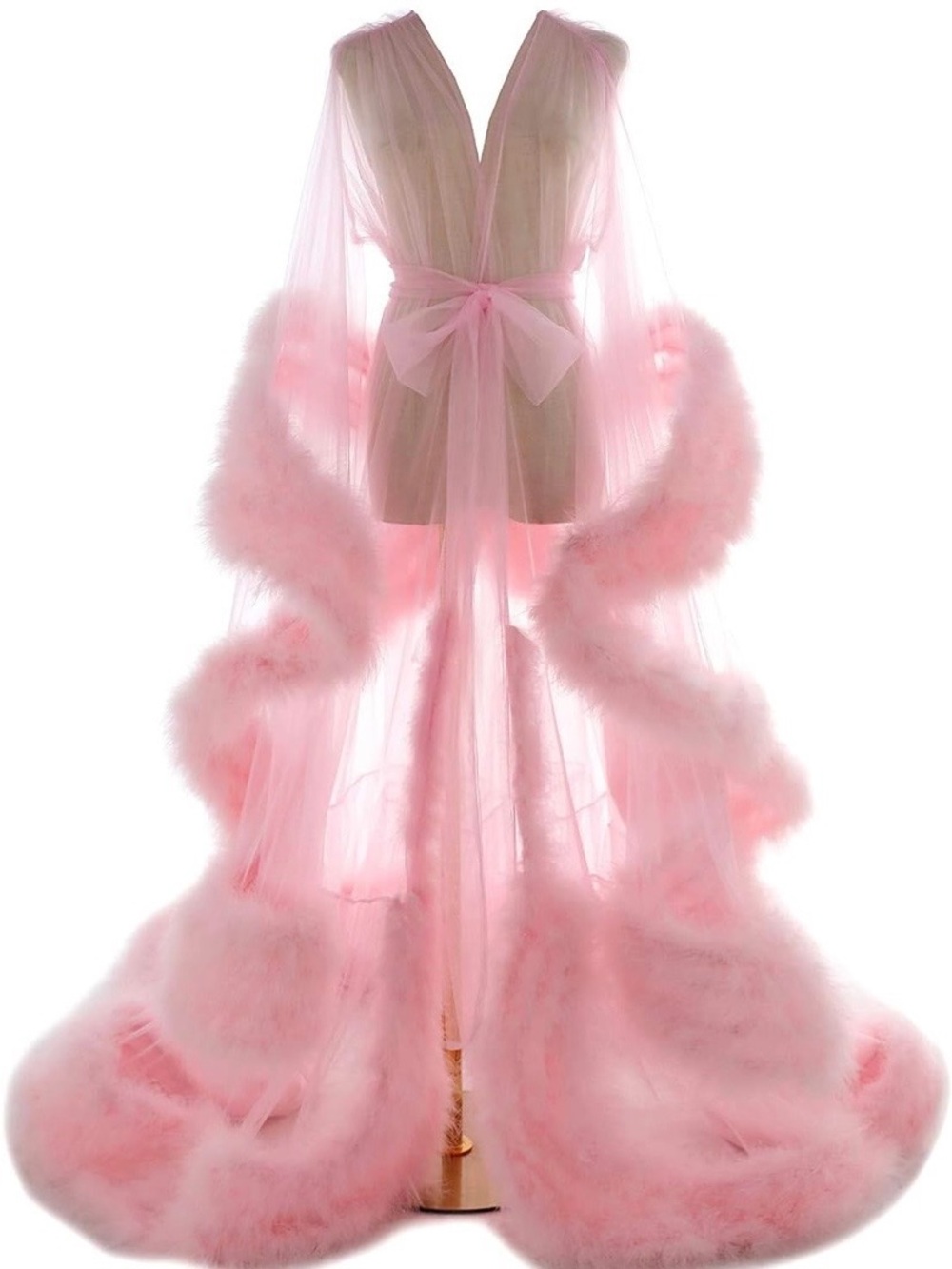 Sheer Pink Marabou Trim Long Vintage-Style Robe